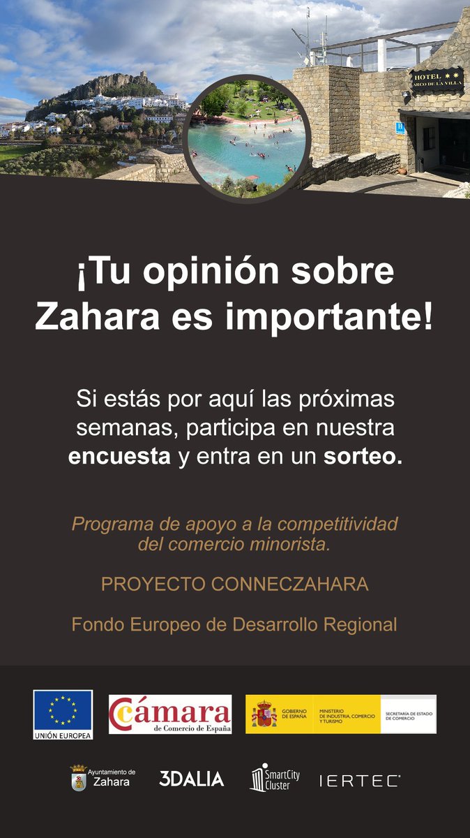 Estamos realizando una investigación dentro del marco del proyecto #conneczahara con el fin de fomentar el turismo y comercio de Zahara, por ello os pedimos colaboración.Consulta las bases legales en: bit.ly/3dgXlh4  
¡Gracias por hacerlo posible! #FEDR #camaradecomercio