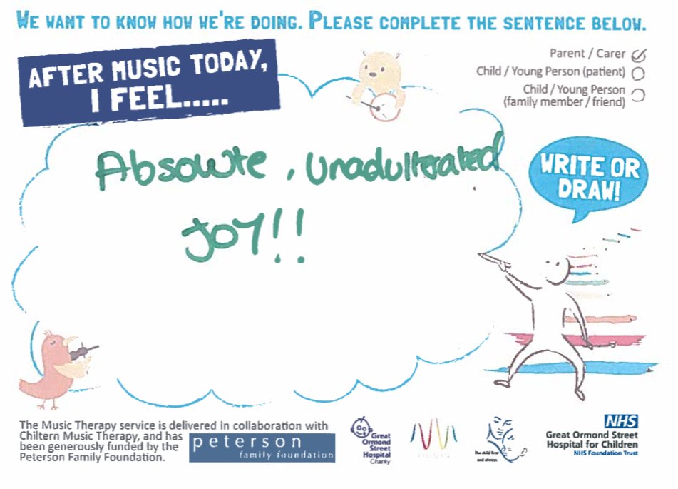 A feedback card saying: "after music therapy today I felt absolute undulated joy"