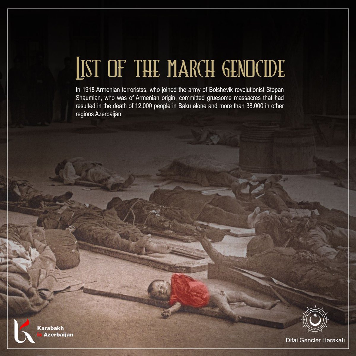 ilahe_qenberli's tweet photo. The first massacres in the 20th century were committed by the Armenians in 1905-1907 when thousands of innocent Azerbaijanis were slaughtered in Baku, Nakhchivan, Zangazur, Iravan and other historical Azerbaijani lands. #31MarchGenocide
#31march1918
#truthisone
#kiazteam https://t.co/7R3gWBPITj