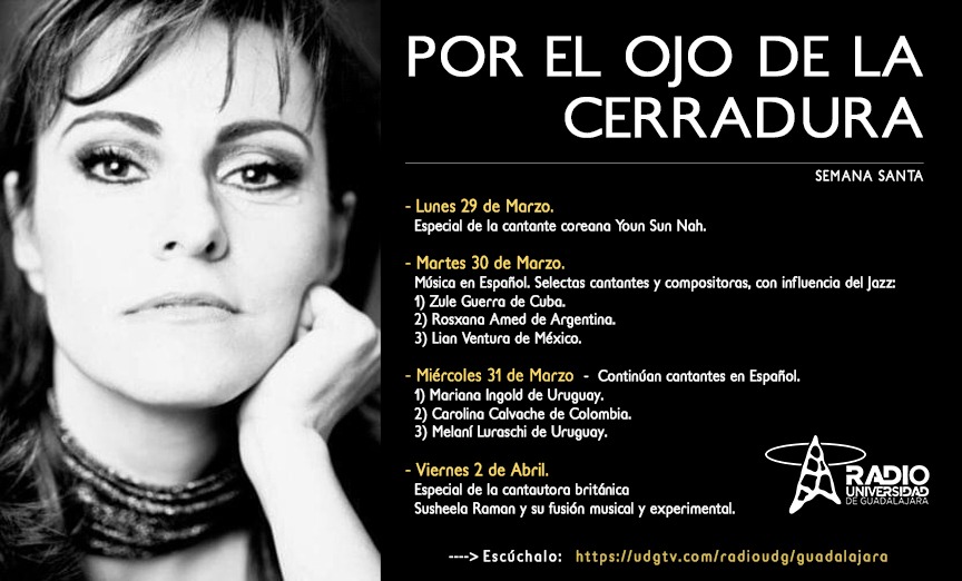 RadioUdeG's tweet photo. Hoy en #PorElOjoDeLaCerradura con @JulietaMaron #LatinaGameChangers #Jazz

#MarianaIngold 
@carolinacalvach 
@melaniluraschi

Sintonízanos en el 104.3 de FM, o en https://t.co/hvSFWSLuuu https://t.co/D41rztH2c9