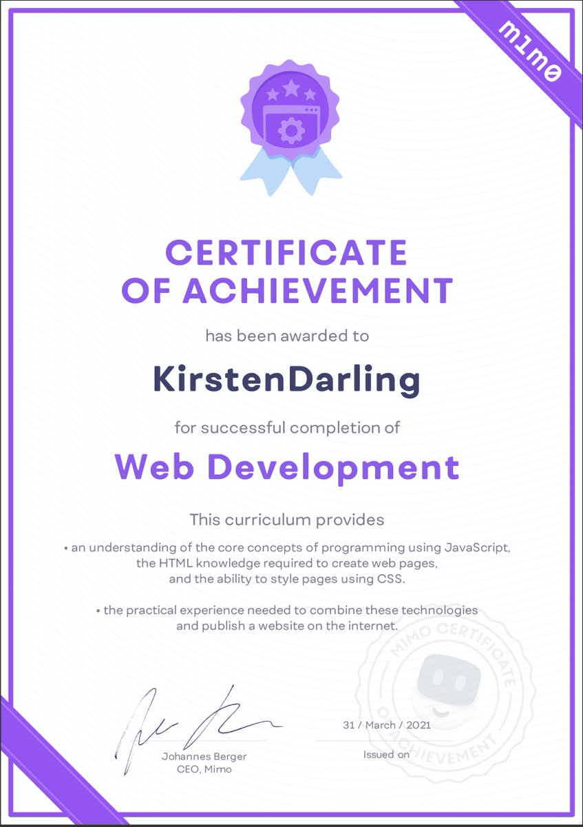 kdarling93's tweet image. Day 29: I stayed up way too late last night to finish the  @getmimo  Web Development track and get my certificate!! 🥳🥂

#100DaysOfCode #WomenInSTEM #techladies #WomenWhoCode #github #coding #FrontEndDevelopment #webdevelopment  #CSS #JavaScript #Responsive