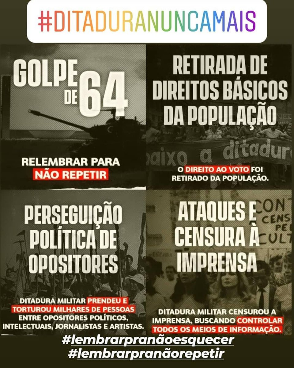 BocanotramboneH's tweet photo. Ao contrário da opinião de muitos desse #desgoverno e dos #bolsominions, o #golpemilitar64 não é data a ser comemorada,é uma página escabrosa de nossa história,mas também não pôde ser esquecida.
#forabolsonaro  #lembrarpranãorepetir #lembrarpranãoesquecer
#ditaduranuncamais https://t.co/1qV8l0ltf1