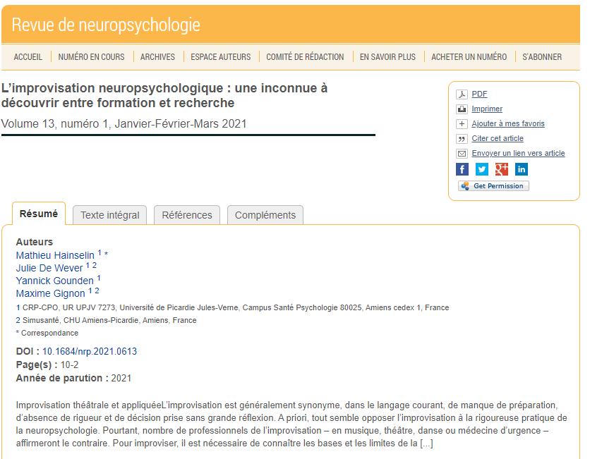 🆕📰 L'improvisation neuropsychologique, kezako ? C'est l'utilisation des techniques d'impro pour former les psychologues.
A lire dans notre article dans la Revue de Neuropsychologie avec <a href="/JuDeWever/">De Wever Julie 🔎</a> Y. Gounden &amp; @Maxgignon
jle.com/fr/revues/nrp/…
Preprint hal.archives-ouvertes.fr/hal-03134271