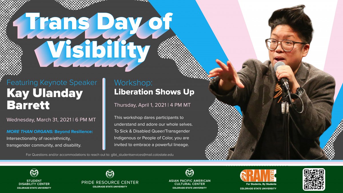 Today is #TransDayOfVisibility  

<a href="/CSUPrideRC/">Pride RC</a> is hosting keynote speaker Kay Ulanday Barrett to discuss topics of the intersectionality of race/ethnicity, the transgender community, and disability. 

prideresourcecenter.colostate.edu/tdov/