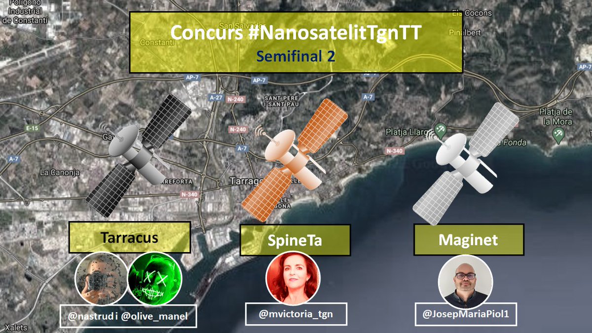 joan_ru_ca's tweet photo. @swingTIC @elpatiratllat @JorditgnT @ituandreu @Harlock55536717 @xavier_valero @JosepMariaPiol1 @ninadivori @Mariclatgn @malucorossell @enricpujolcayue @jmgrau76 @fllordachs @galaxiadraco @mvictoria_tgn @luisfreeport @SrOsbi @ignasivalera @MontseVMi @nastrud @olive_manel @ALBERTLLOP @unpobrebomber @EmiliTheOne @tarraconina @jaubargon @miquelsm49 @movingcoaching #ConcursTGN
#NanosatelitTgnTT
En cas que l'Ajuntament de #Tarragona fiques en orbita un nanosatelit, com li dirieu?.
SEMIFINALS 2
#Tarracus de @nastrud i @olive_manel
#SpineTa de @mvictoria_tgn
#Maginet de @JosepMariaPiol1
Votacions next tuit https://t.co/l1KUu7XYo4