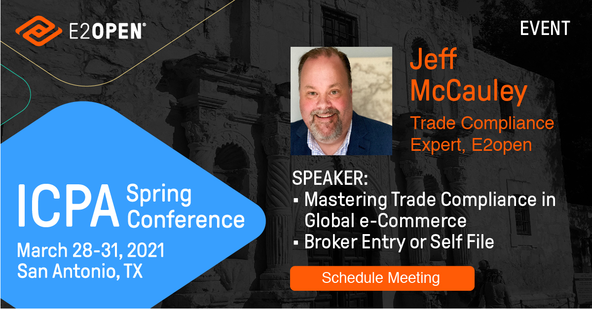 _CloudLogistics's tweet photo. Don't miss E2open's trade compliance expert, Jeff McCauley as he weighs in on what it takes to master #tradecompliance in global e-commerce and the pros and cons of broker entry or self-filing in his session today at #ICPA 

#globaltrade https://t.co/CW6FSpAgc2 https://t.co/Nks5YWBZGl