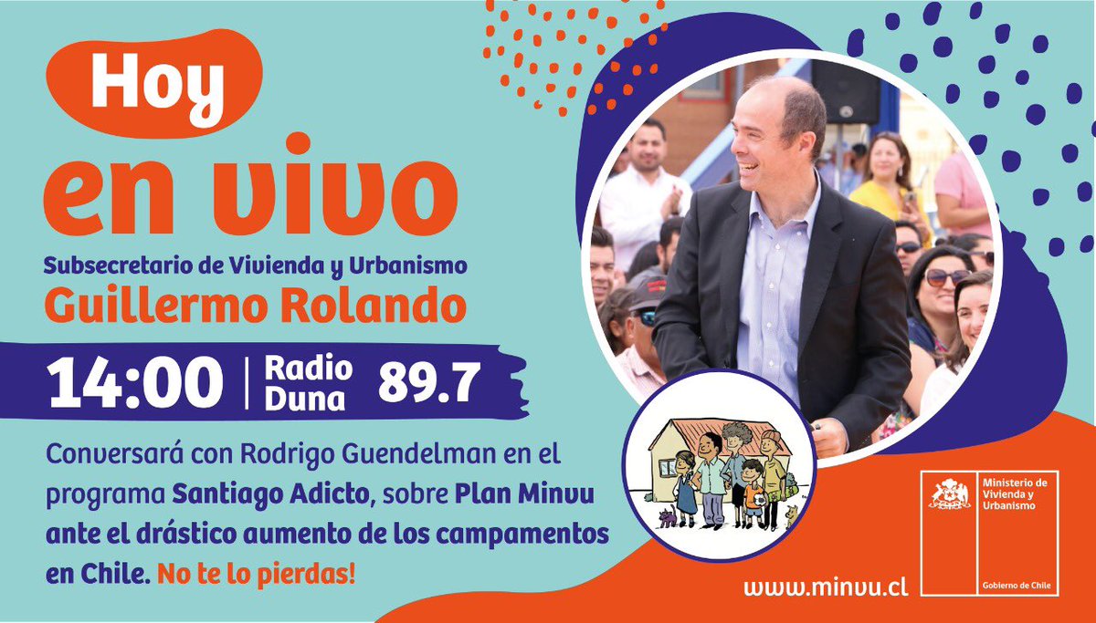 ¡No te lo pierdas! Desde las 14:00 horas el subsecretario <a href="/GuilleRolandoV/">Guillermo Rolando</a> conversará con <a href="/guendelman/">Rodrigo Guendelman</a> en #SantiagoAdicto de <a href="/RadioDuna/">Radio Duna</a> acerca del plan #100Más100 y otras medidas que estamos desarrollando para enfrentar el aumento de campamentos y tomas.

 📻duna.cl
