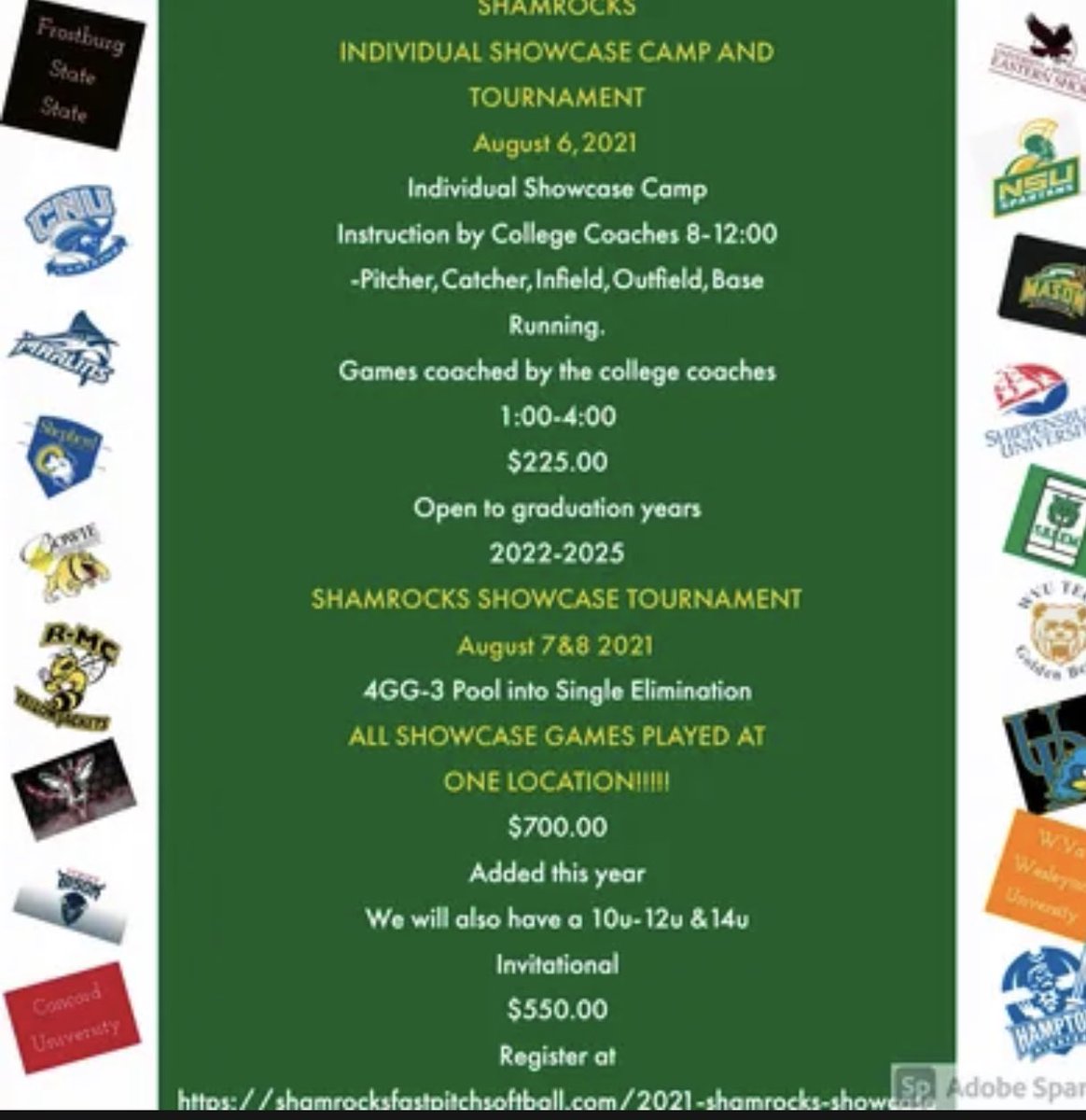 Come join us for a great event. All games played at one location to maximize every players exposure. <a href="/VAShamrocks/">Shamrocks Softball</a>