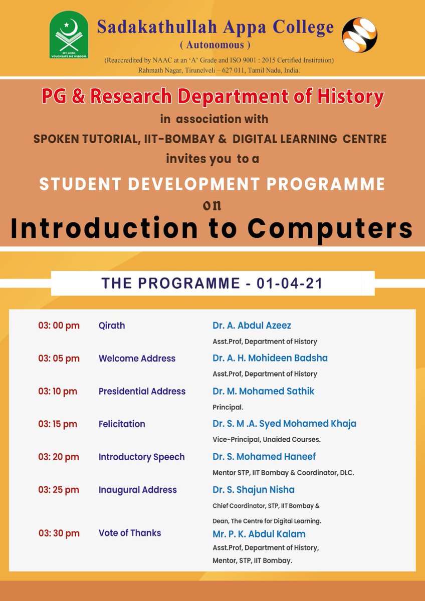 SACTIRUNELVELI's tweet image. The PG & Research Department of #History, in association with Spoken Tutorial, @IITBombay & Digital Learning Centre, invites you to a Student Development Programme on INTRODUCTION TO COMPUTERS from April 1-5, 2021.
Inauguration: April 1, 3 pm
#IITBombay #SpokenTutorial