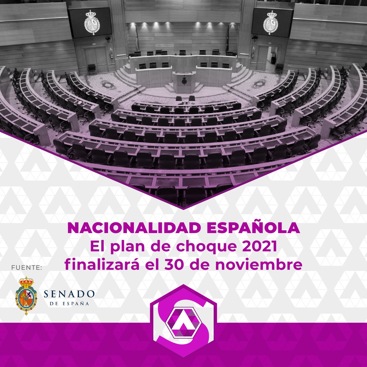 🇪🇸 El Ministro de Justicia, Juan Carlos Campo, anunció en el Senado de España que el plan intensivo de nacionalidad tendrá fin el 30/11/2021, así como también solicitó un modelo de acceso a la nacionalidad consensuado, sensato, ágil y justo para todos.

Fuente: <a href="/Senadoesp/">Senado de España</a>