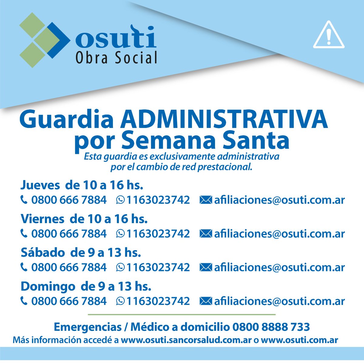 OSUTI_OS's tweet photo. Les acercamos los horarios de guardia administrativa para este fin de semana largo.
*******************
#osuti #osutiobrasocial https://t.co/J4bHgetf6y