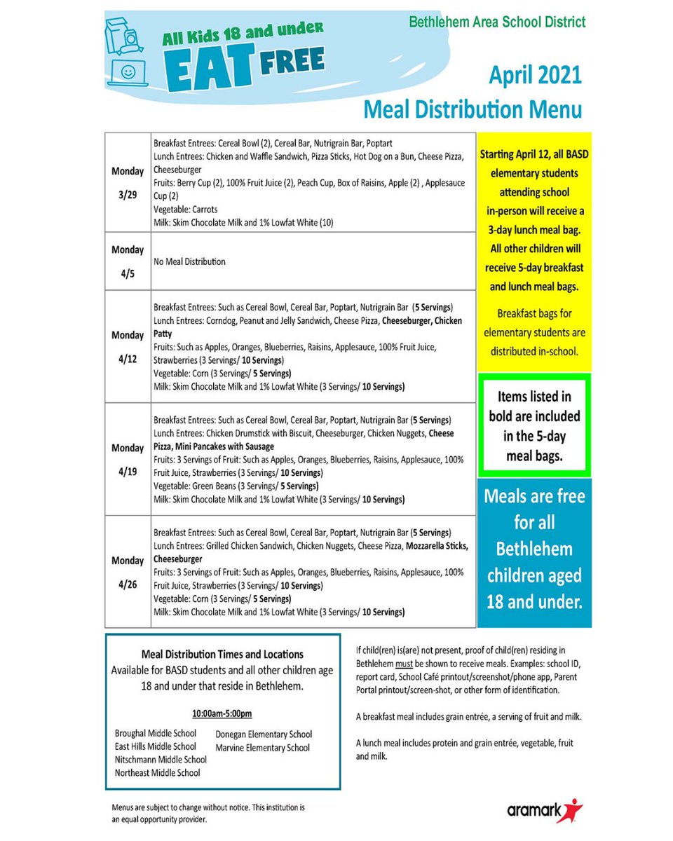 BethlehemAreaSD's tweet photo. BASD April Meal Distribution Menu. https://t.co/UwbXSY6saT
https://t.co/6Ma07Iejzq #BASDproud #SchoolMenus #SchoolLunch #SchoolBreakfast https://t.co/MGwuW3dt1O