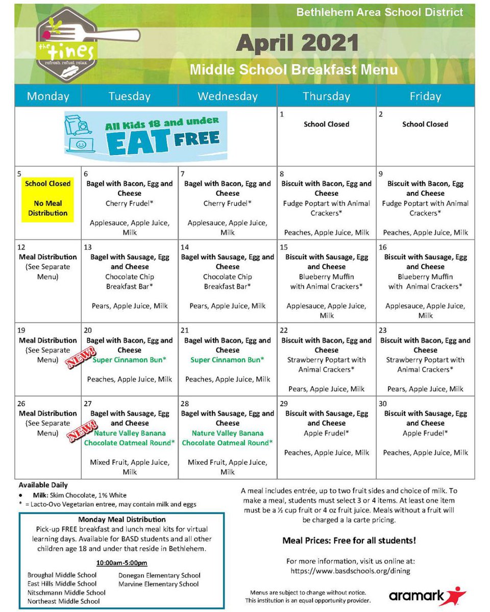 BethlehemAreaSD's tweet image. BASD April Meal Middle School Breakfast and Lunch Menus instagram.com/p/CNFw1aErNyf/
basdschools.org/dining #BASDproud #SchoolMenus #SchoolLunch #SchoolBreakfast