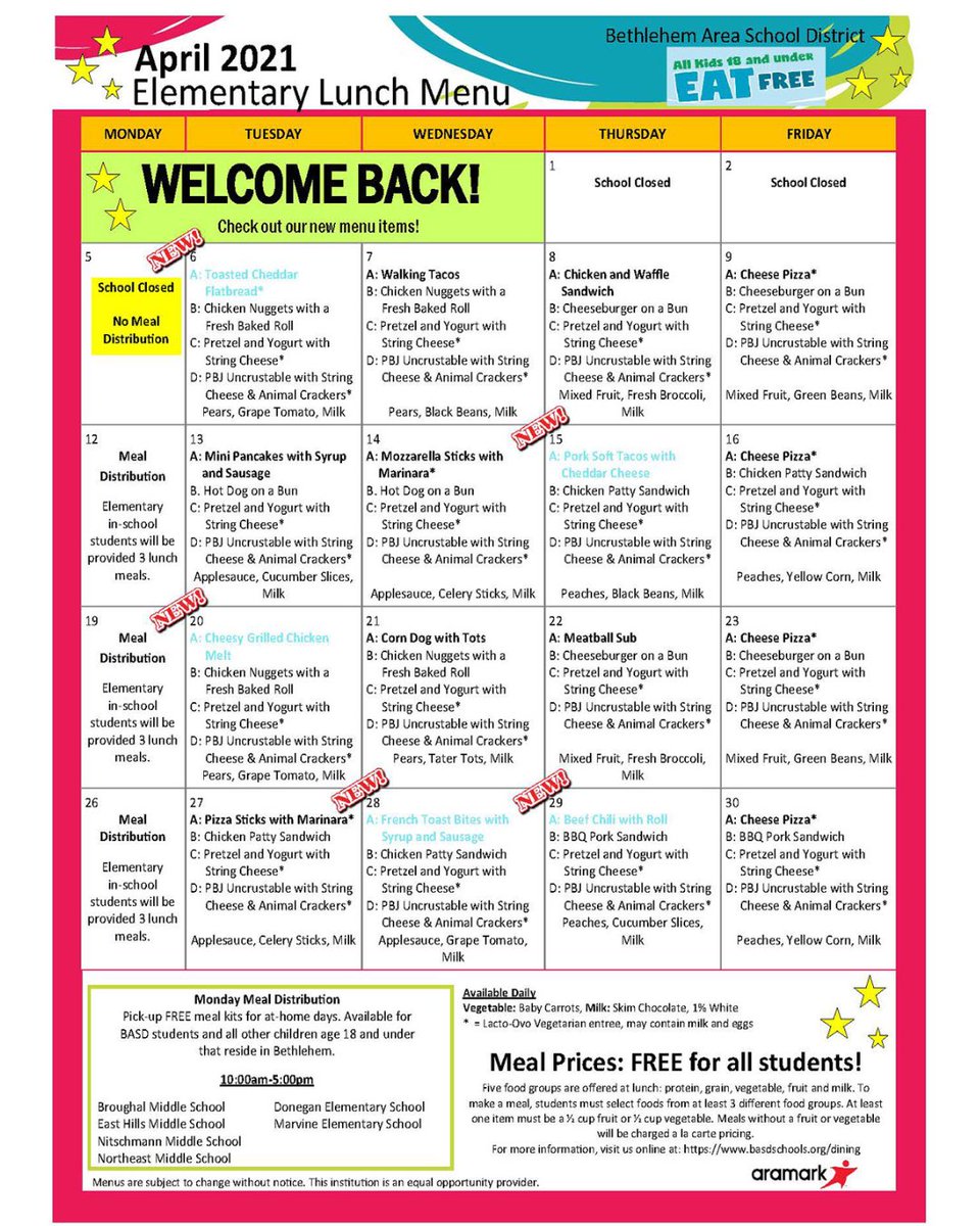 BethlehemAreaSD's tweet image. BASD Elementary School April Breakfast and Lunch Menus instagram.com/p/CNFw1aErNyf/
basdschools.org/dining #BASDproud #SchoolMenus #SchoolLunch #SchoolBreakfast