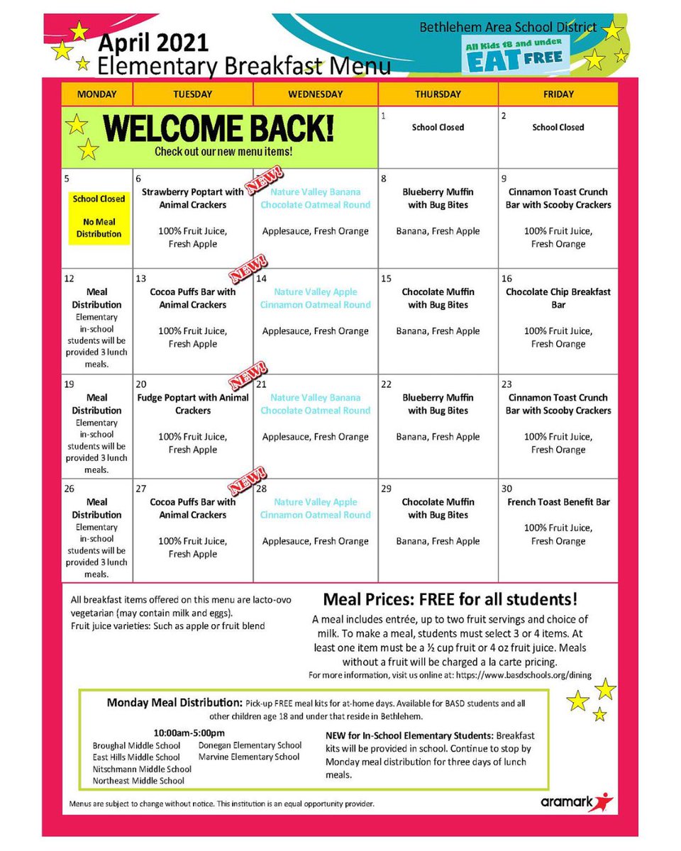 BethlehemAreaSD's tweet image. BASD Elementary School April Breakfast and Lunch Menus instagram.com/p/CNFw1aErNyf/
basdschools.org/dining #BASDproud #SchoolMenus #SchoolLunch #SchoolBreakfast