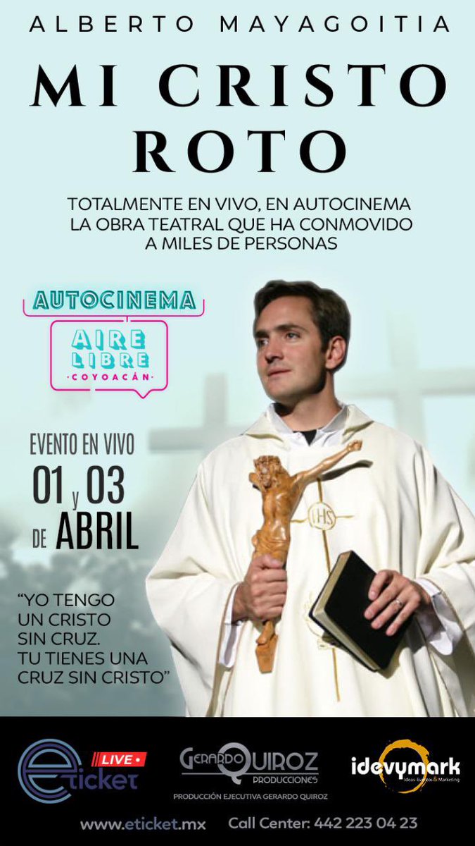 Vive esta semana santa de una manera diferente con esta puesta en escena “Mi Cristo Roto” interpretada por Alberto Mayagoitia. 
Compra tus boletos aquí ⤵️

eticket.mx/busqueda.aspx?…

¡No te lo puedes perder! 
.
.
#felizmiercoles #teatrocentenariocoyoacan #teatro #SemanaSanta