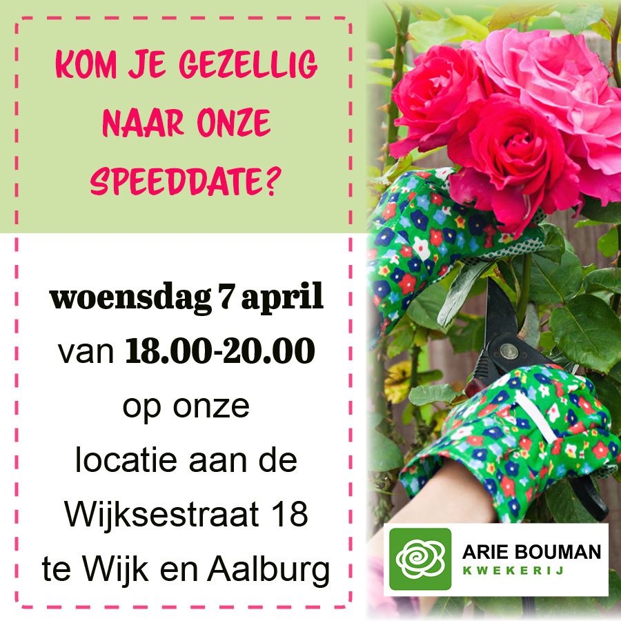 Heey jij daar! Wil jij de komende periode graag je handen uit de mouwen steken, maar heb je geen zin om een uitgebreide sollicitatie te schrijven?! Kom dan naar onze speeddate op woensdag 7 april 2021 van 18.00 – 20.00 in Wijk en Aalburg! Meld je aan via personeel@ariebouman.nl.