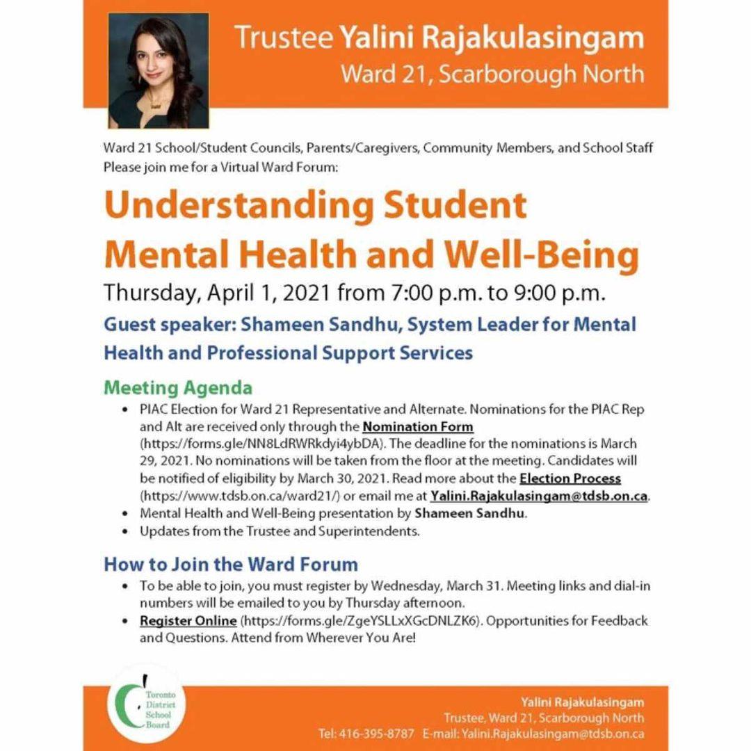 Ward forum tomorrow on student mental health & well-being.Shameen Sandhu will be leading this important conversation.Join us to learn about the impact of the past school year on students & resources available to support them Ward forum registration form: forms.gle/W57GBs1B8JiRgq…