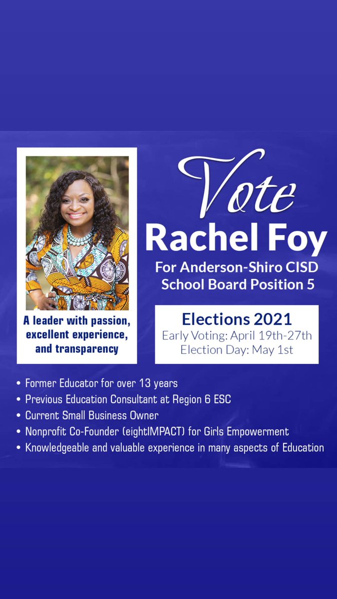rachelbfoy's tweet photo. Guess who's running for school board?!

I am beyond excited to announce that I am running for Anderson-Shiro CISD School Board Position 5!

I believe in being a Voice for Our Students ~ Our Educators ~ Our Community
#education #studentsuccess #schools #schoolboard #vote https://t.co/ljk8e4qtka