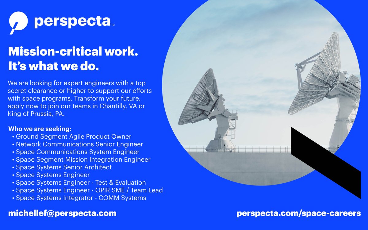 perspectajobs's tweet photo. ATTENTION Space Experts: We are looking for you to join our team and support our efforts with space programs. Top secret clearance or higher is required, apply now! https://t.co/rtzXW1AQIv #SeeABetterWay #spacejobs #spacecareers #clearancejobs #engineerjobs #nowhiring https://t.co/nieJGiihhn