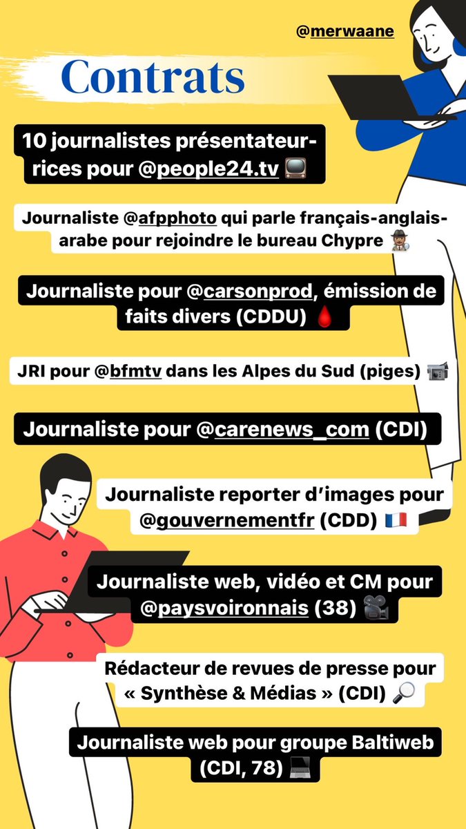 MerwaneMeh's tweet photo. Pour aider les étudiants, les jeunes diplômés, les + précaires et contribuer à la diversité dans les médias, je publie chaque semaine une liste d’offres d’emploi (CDD, CDI, piges, alternances, contrat pro &amp; stages) en story ici : https://t.co/qUa1riBKmZ ✊🏽

Aujourd’hui par ex ⤵️ https://t.co/n37vGoXaCR