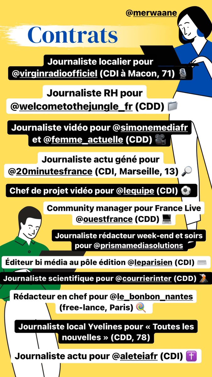 MerwaneMeh's tweet photo. Pour aider les étudiants, les jeunes diplômés, les + précaires et contribuer à la diversité dans les médias, je publie chaque semaine une liste d’offres d’emploi (CDD, CDI, piges, alternances, contrat pro &amp; stages) en story ici : https://t.co/qUa1riBKmZ ✊🏽

Aujourd’hui par ex ⤵️ https://t.co/n37vGoXaCR
