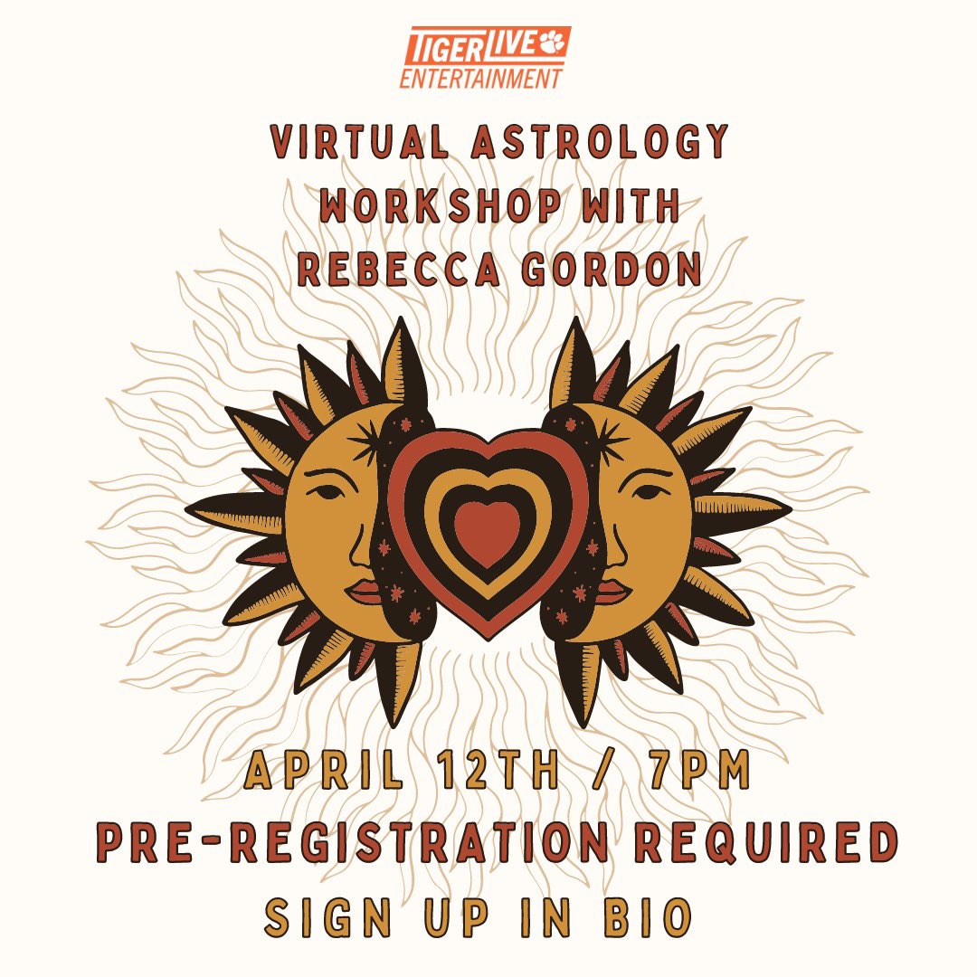 CUTIGERLIVE's tweet photo. ✨ Want to learn more about your birth chart? Well look no further, and join TigerLive Entertainment on April 12th at 7pm for a Virtual Astrology Workshop with astrologer Rebecca Gordon. Only 50 people will be allowed inside the zoom, so sign up now in our bio! https://t.co/wVib16X6nq
