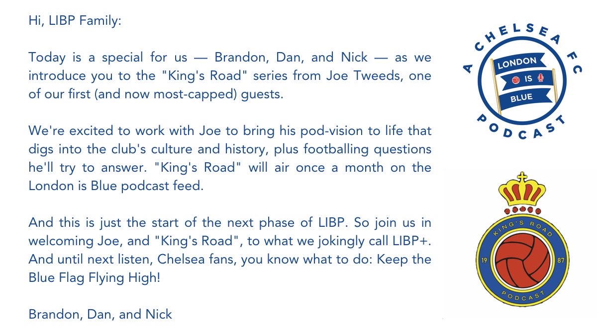 LondonBluePod's tweet photo. Comunicado Oficial: @JoeTweedie.
Today, Joe’s “King’s Road” pod finds its home in the London is Blue feed.
Read our full statement below, give it a listen, and welcome Joe to the LiBP+ family!
https://t.co/75pF4x2l5w https://t.co/qQFlYcZLvR