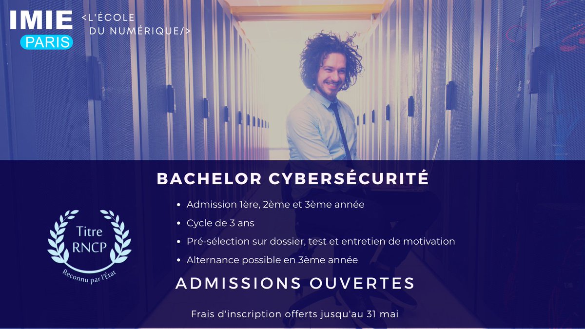 🚨 #BACHELOR #cybersecurity #IMIEPARIS 🚨
🔺 25 places à saisir pour notre prochaine promotion Bachelor #cybersécurité.
🔺Les admissions sont ouvertes pour la rentrée d'octobre et les frais d'inscription sont offerts jusqu'au 31 mai ! ➡️ lnkd.in/dpAtcMv
