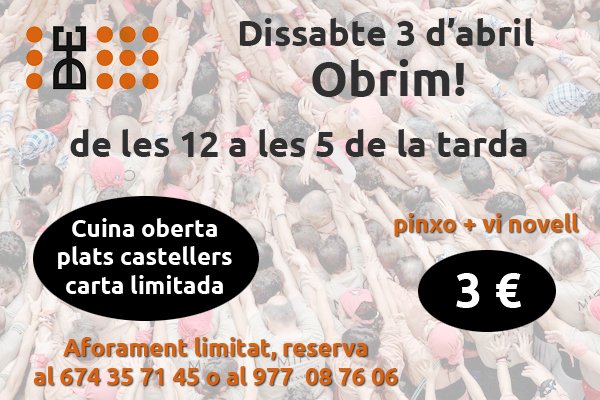 3denou_reus's tweet photo. Hola a totes i a tots! El proper dissabte dia 3 d'abril el @3denou_reus 
 tornarà a obrir les seves portes per tal de poder trobar-nos al local aquests dies d'esbarjo. Us oferirem els nostres plats i la nostra companyia. Salut! @xiquets https://t.co/6cdgQwA4ra