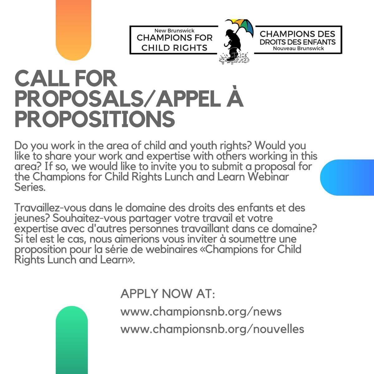 NBChildRights's tweet photo. Deadline to submit your proposals for Champions Lunch and Learn series is April 2nd! We would love to hear from you! To learn more and to submit your proposal visit: https://t.co/qHd5mcqQPg . For French proposals visit https://t.co/fynhikCDVz . https://t.co/ERfujId9xM