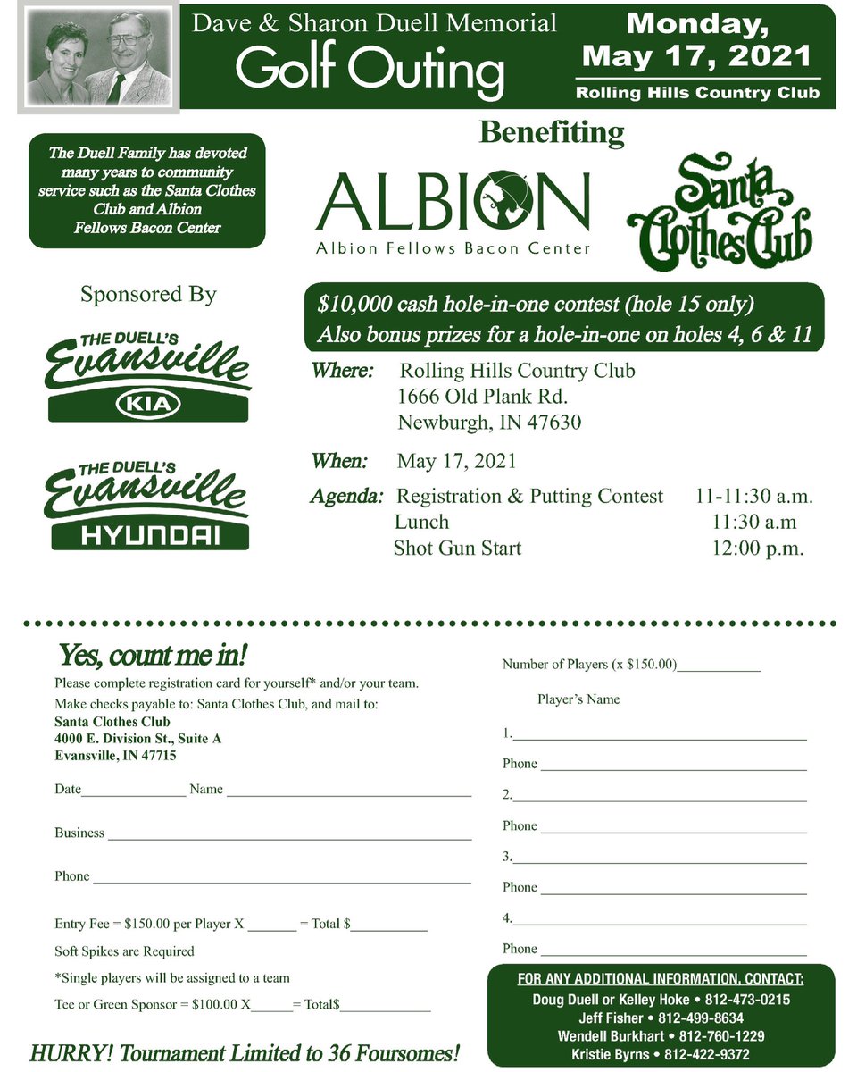 Attention Golfers⛳️ Save the date! 5/17/21 Our Dave &amp; Sharon Duell Memorial Golf Outing is set for Monday, May 17th!  If interested in a team or being a hole sponsor please contact Kelley @ 812-473-0215 ext. 301  Proceeds benefit Santa Clothes Club and Albion Fellows Bacon Center