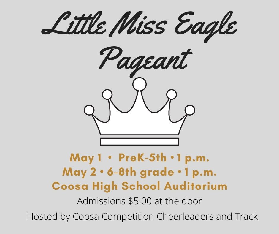 Please remember The Little Miss Eagle registration packets are due Friday, April 2. This is a pageant for PreK-8th grade. If you have any questions, please email kbirdsong@floydboe.net
