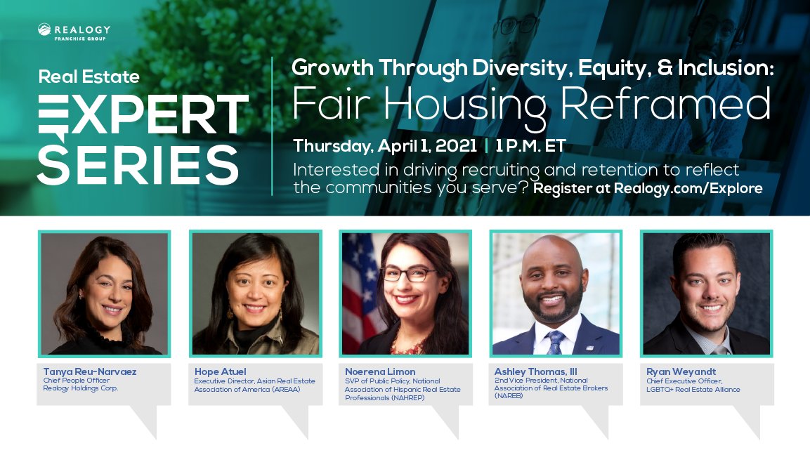 Realogy's tweet photo. Don't miss this! Discussing recruiting and retention to reflect the communities we serve, join us for the first Real Estate Expert Series event entitled "Fair Housing Reframed", live tomorrow, April 1st. Register here: https://t.co/fgtGZm9mVe #WeAreRealogy #FairHousing https://t.co/wPQlrQdPos