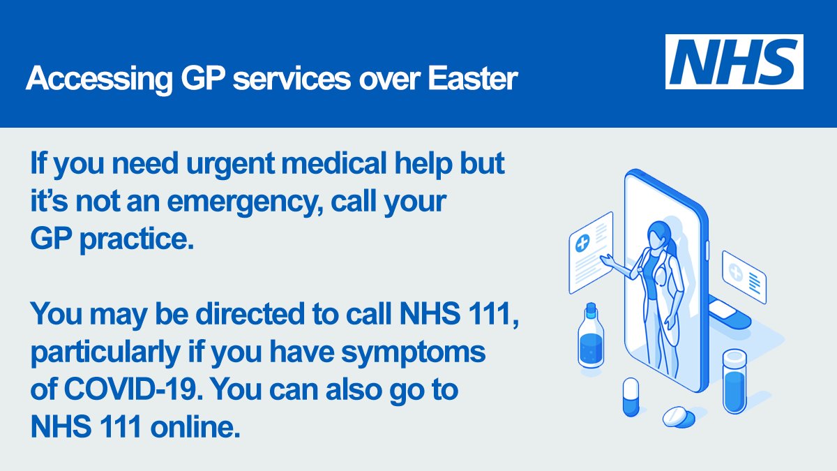 👨‍⚕️ 👩‍⚕️ Some GP services will be available this #Easter.

If you have a health concern, contact your GP practice or use the NHS 111 online service for quick health advice 👉 111.nhs.uk

#GeneralPractice
