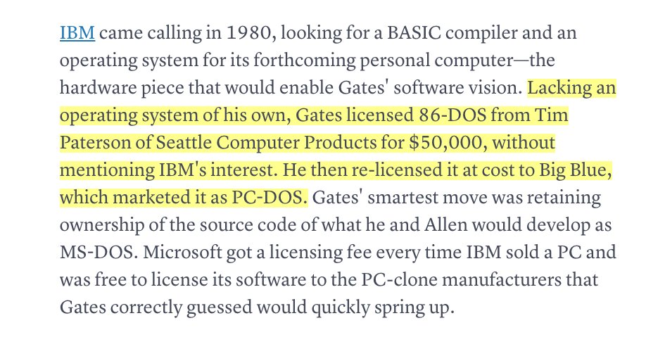 11/100: Bill Gates is accredited for the 1st Microsoft OS, in reality he played no part in the invention."[...] licensed 86-DOS from Tim Paterson of Seattle Computer Products for $50,000 [...], re-licensed it [...] to Big Blue, which marketed it as DOS."  https://archive.is/cBxNj 