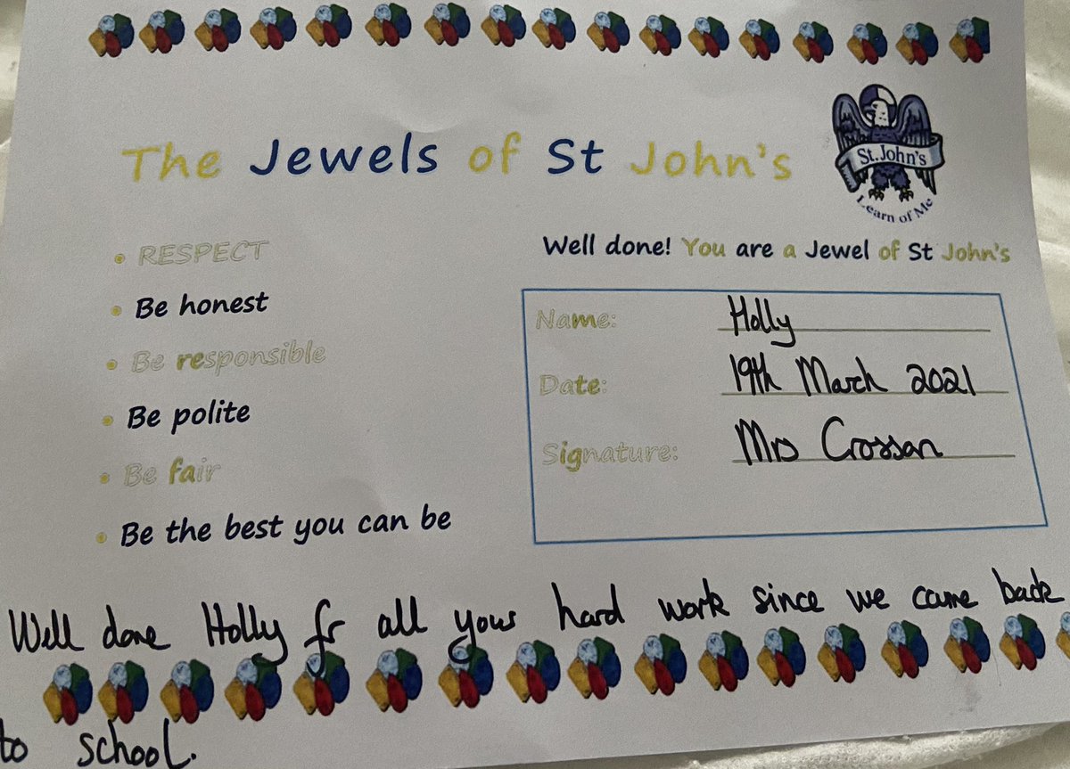 sarahanef88's tweet photo. @stjohnsERC very proud of how hard Holly has worked the last couple of weeks. Shes beaming with pride to receive this. Thank you what a little acknowledgment can do to boost the kids moral, thank you ❤️ https://t.co/K6XyUpCjv5