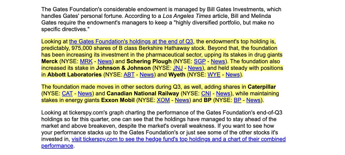 19/100: From the start the Foundation is busy investing in governments, pharmaceuticals that the foundation tells the governments to pass money to. Further $$$: petroleum, weapons, media companies (shills), harmful drugs, tobacco. https://archive.is/s3JTf  https://bit.ly/3fiXseE 