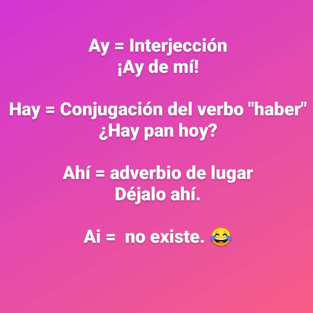 Jordantraducci1's tweet photo. Clase de #español , ¿Aún tienes dudas entre "ay", "ahí", "hay" y "ai"?
Con unos ejemplos se ve muy fácil.
#traductor #translator #profesorparticular #profesor #clasesparticulares #clases #semanasanta #madrid🇪🇸 #spanish #ortografría #gramatica https://t.co/Vg5jvwI8ao
