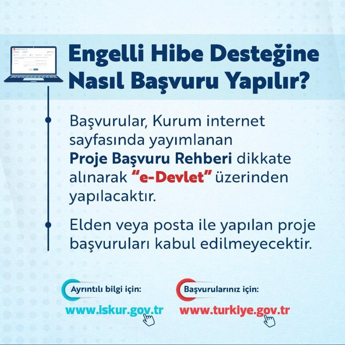Engelli Hibe Desteğine e-Devlet Üzerinden 16 Nisan 2021 Tarihine Kadar Başvurabilirsiniz.
 
Engelli Hibe Desteğine Nasıl Başvuru Yapılır ❓
🔗Ayrıntılı Bilgi İçin; iskur.gov.tr
🔗Başvuru İçin; turkiye.gov.tr
#beyazay #eğitimherengeliaşar