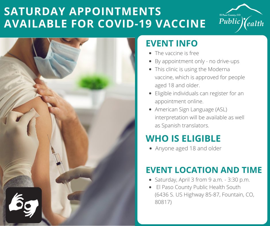 Public Health On Twitter Saturday Appointments Are Now Available For The Covid 19 Vaccination Clinic At El Paso County Public Health South 6436 U S Highway 85 87 Fountain Co 80817 Anyone Aged 18