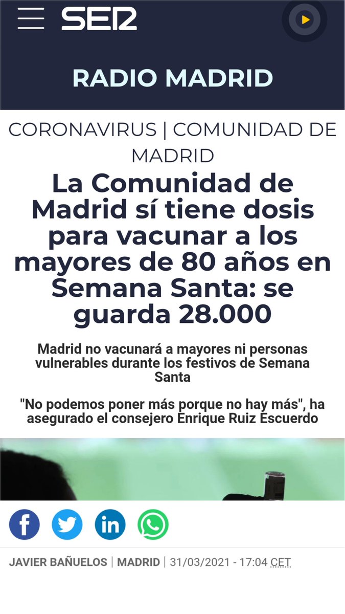 Es evidente que para el Gobierno de <a href="/IdiazAyuso/">Isabel Díaz Ayuso</a> en la <a href="/ComunidadMadrid/">Comunidad de Madrid</a> la vacunación contra el Covid no ha sido, ni es, una prioridad. Su prioridad SOLO es el politiqueo y hacer anuncios grandilocuentes, que no se traducen en realidad para los madrileños.