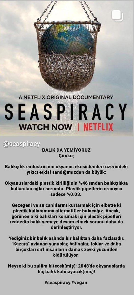 Balık da yemiyoruz çünkü... 
#Seaspiracy #Vegan #pescetarian #vegetarian #ClimateAction #ClimateCrisis #ClimateEmergency #ClimateRecovery #GlobalWarming #oceanplastic #animalrights #AnimalWelfare #fishing #balık #poisson #poissondavril