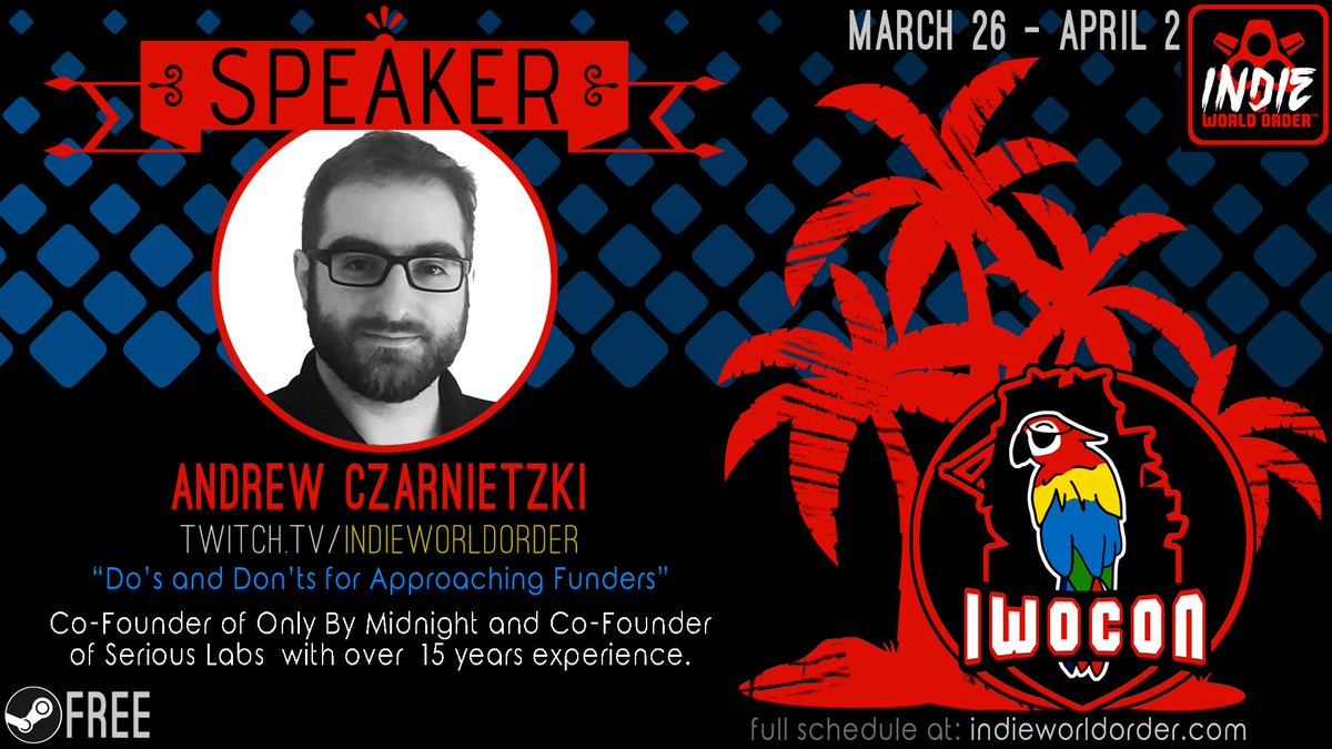 🙌Do's and Don'ts for Approaching Funders

➡️twitch.tv/indieworldorder

🎮An #IWOCon presentation with Andrew Czarnietzki <a href="/OnlyByMidnight/">Only By Midnight | Ctrl Alt Deal demo on Steam!</a>

⏰Starting now (10:00 AM PST)!

#IndieGame #IndieDev #GameDev