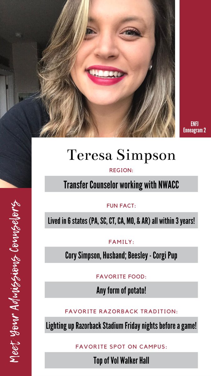 Meet Teresa, our Transfer Admissions Counselor who works with students from NWACC! She loves Schitt's Creek, Dan &amp; Shay, and Lifetime anything. #HeadedtotheHill #UARK25 #UARK26

Have questions about  the U of A? Ask Teresa! ow.ly/BskG50E5Cpe