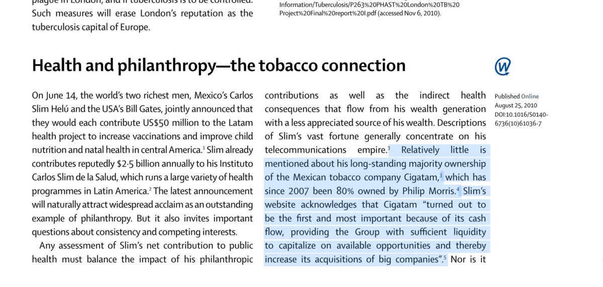 20/100: Gates invests into companies that cause harm to ppl, he claims to care about:"[...] Slim & [...] Bill Gates, [...] announced [...] $50 million to Latam health project.""[...] Slim owns Cigatam, which has [...] been 80% owned by Philip Morris." https://bit.ly/31sJqyQ 