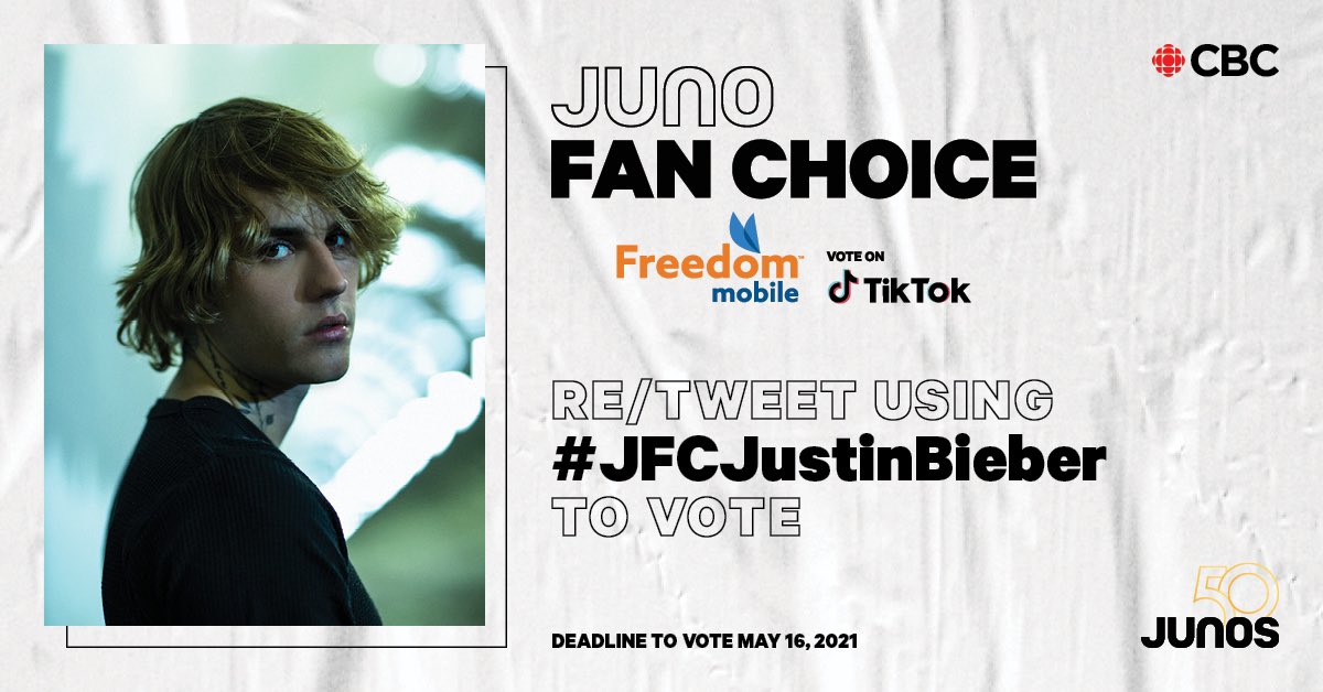 JBCrewdotcom's tweet photo. Join us in voting for @justinbieber for #JUNOFanChoice! 

You can vote by tweeting the hashtag #JFCJustinBieber or by retweeting! https://t.co/MjsBAWQLfc