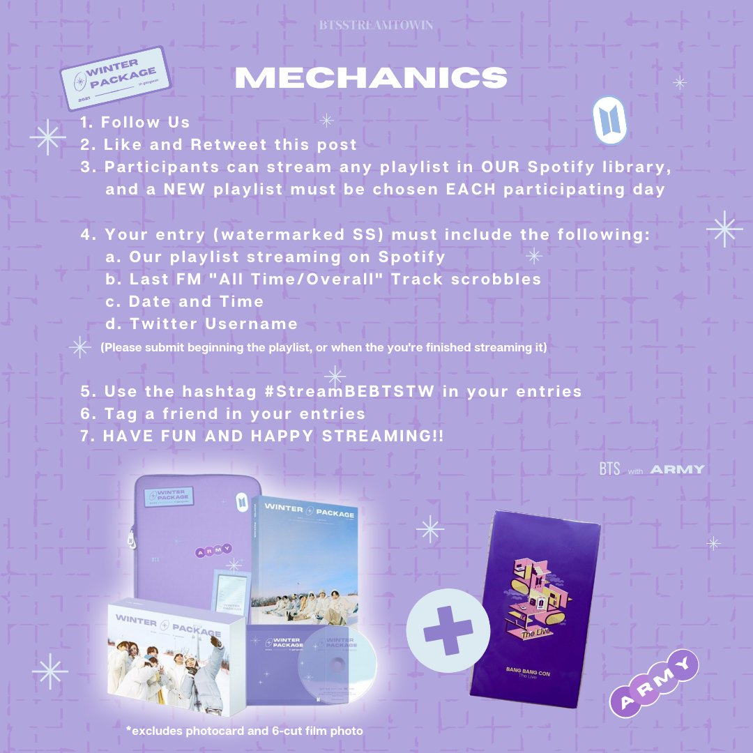 BTSStreamToWin's tweet photo. ARMY! It's Day 3 of our BE streaming week! 💜🎶

If you joined the previous day, please submit today's entry to it as a thread! New participants submit here &amp; please read our infographics &amp; pinned for giveaway info! 🎉

Spotify Playlists⬇️: https://t.co/CBJu4tGCR2

#StreamBEBTSTW https://t.co/cKT2ZRE9eg