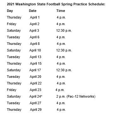 WazzuWatch's tweet photo. .@WSUCougarFB has announced the spring football practice schedule. First practice is tomorrow at 4 p.m. followed by practices on Friday and Saturday. Per NCAA rules, first 2 practices must be in shirts and shorts with no pads. https://t.co/g0VK2u56rW