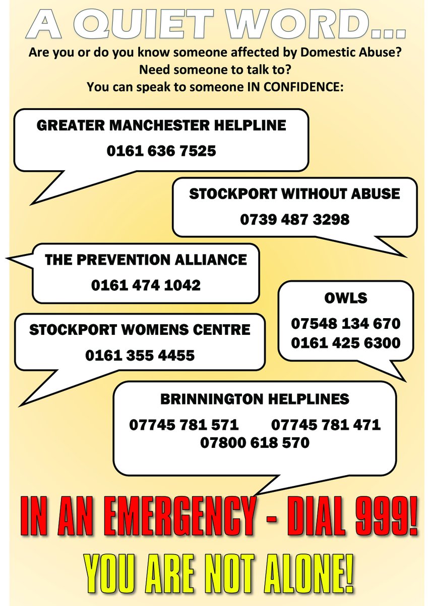 Are you or someone you know affected by #DomesticAbuse?  Help is there when you need it.
<a href="/UmbrellaOrange/">The Orange Umbrella Project🧡</a> <a href="/OWLSgroup/">Owls Group 💜</a> <a href="/womenscentreSPT/">SWC</a>